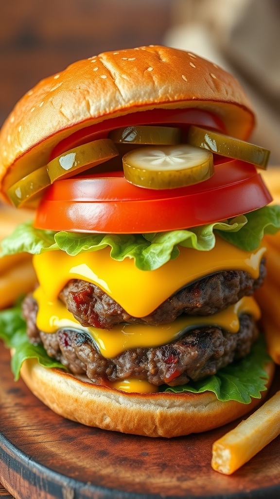 A delicious gourmet cheeseburger with melted cheese, lettuce, tomato, and pickles, served with fries on a wooden table.